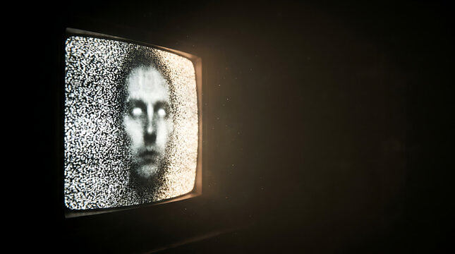 Creepy face appears on an old analog television screen with static noise, creating an unsettling atmosphere