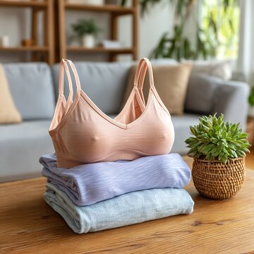 Peach comfort bra and stacked pastel clothes, Soft casual loungewear textile, Cozy home feminine wardrobe flat lay