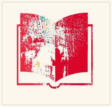 Grungy open storybook silhouette with distressed red pages covered in speckle grain and faded flecks. The worn novel shape works as a bold isolated cutout graphic.