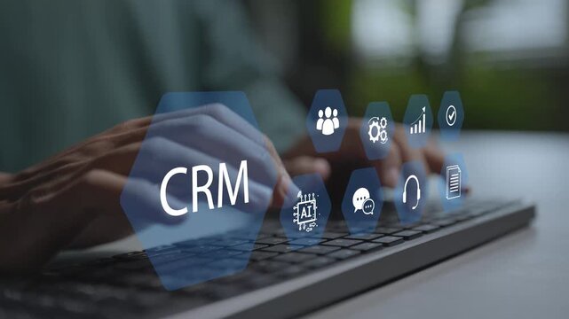 CRM automation concept. Person typing keyboard with customer profile, automated message funnel and gear icons, smart client relationship management and sales workflow.