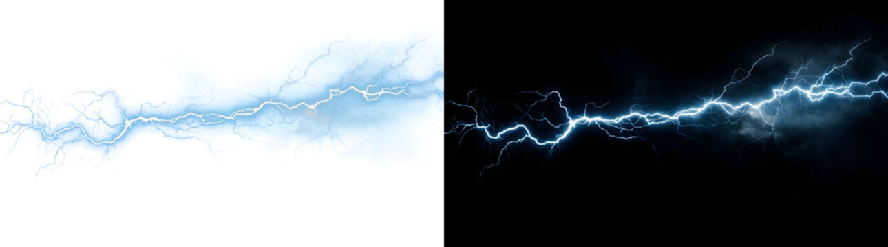 Lightning bolt of blue electric energy striking horizontally through stormy smoke ideal for horror design in PNG, Transparent and Black Background Versions