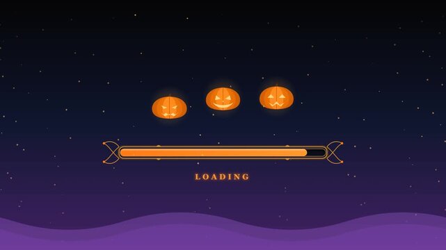 A digital screen displays a holiday progress bar with glowing orange pumpkins during a festive autumn season while the system waits to fully launch the fun interactive experience for users
