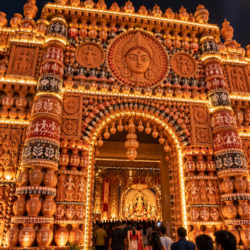 Bengali Durga Puja Pandal Entrance with Goddess Durga
