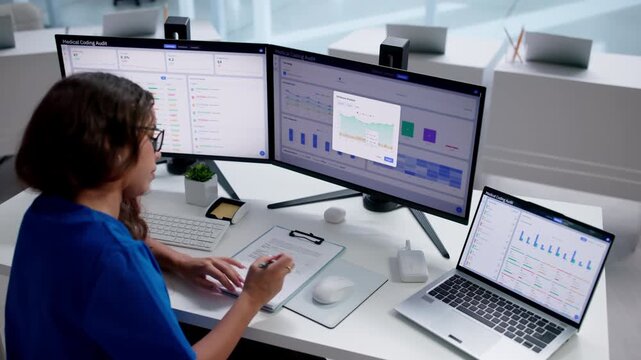 Medical Coder Carefully Reviews Patient Records On Laptop