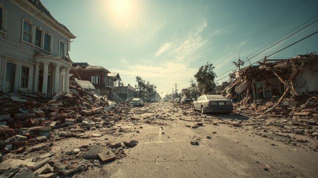 Aftermath of devastation showcasing ruined neighborhood and deserted streets