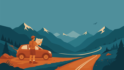 Naklejka premium Person holding a map standing by a car on a road in front of snowy mountain peaks with mountain adventure backpack