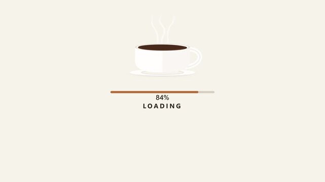 Minimal premium coffee cup loading animation with a smooth progress bar from 0 to 100 percent, rising steam, elegant typography, warm neutral background, and seamless loop design for websites, applica