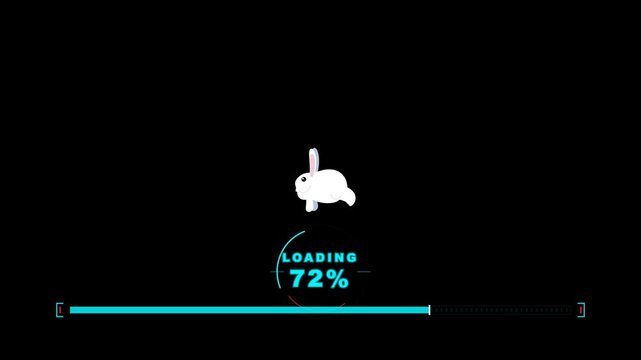 A small rabbit animation sits above a turquoise progress bar that shows seventy two percent completion on a pitch black screen while the system waits to finish processing the requested user data
