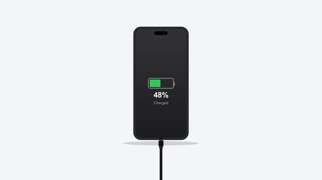 A black smartphone is currently connected to a power cable while the display shows a green battery indicator icon representing forty eight percent remaining energy levels for daily mobile device
