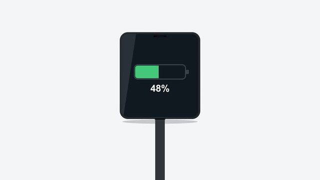 A digital screen displays a green energy status bar indicating that the internal mobile phone power supply has reached forty eight percent capacity while connected to a charging station power