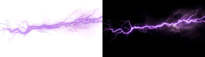 Lightning bolt of purple electric energy striking horizontally through stormy smoke ideal for horror design in PNG, Transparent and Black Background Versions © Tanay