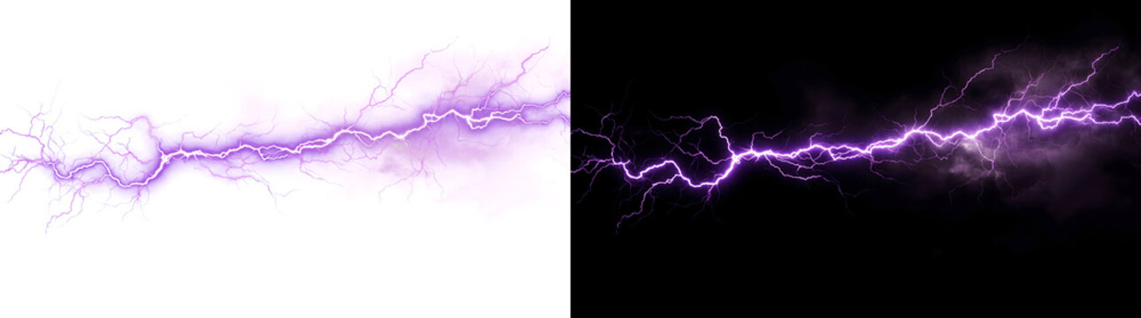 Lightning bolt of purple electric energy striking horizontally through stormy smoke ideal for horror design in PNG, Transparent and Black Background Versions