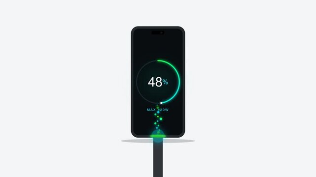 A black smartphone screen shows a glowing energy percentage indicator while being replenished with power through a standard cable connection to ensure the device remains fully operational