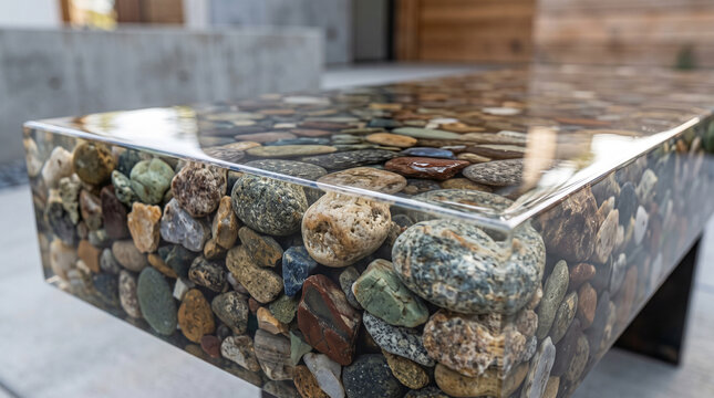 Modern river stone aggregate and epoxy resin table surface for contemporary interior design.