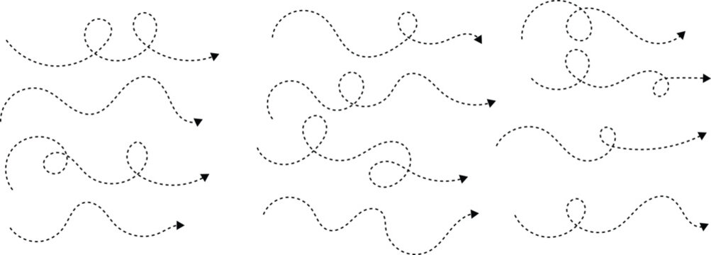 curved dot line arrow vector icon set. Dashed lined arrows. looping trajectory, wave, and directional arrow symbols