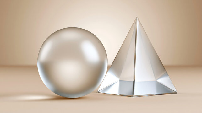 Clear glass sphere and pyramid geometric shapes on a light beige background