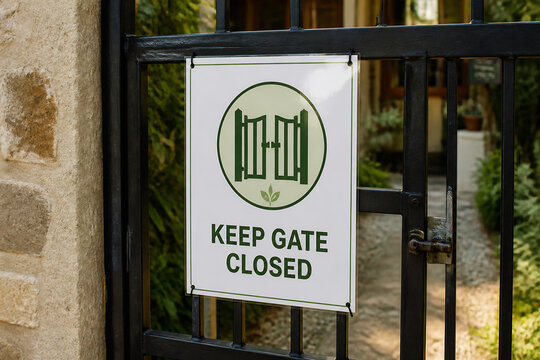 A sign reading KEEP GATE CLOSED is attached to a black metal gate next to a stone wall.