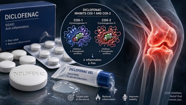 Diclofenac anti-inflammatory medication featuring a microscopic mechanism inset showing cox-1 and cox-2 enzyme blockage set against a medical view of an inflamed human joint