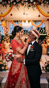 Interracial Bride And Groom Celebrating Traditional Indian Wedding Ceremony