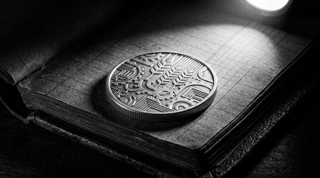 Silver currency coin resting on dark ledger page with grid pattern