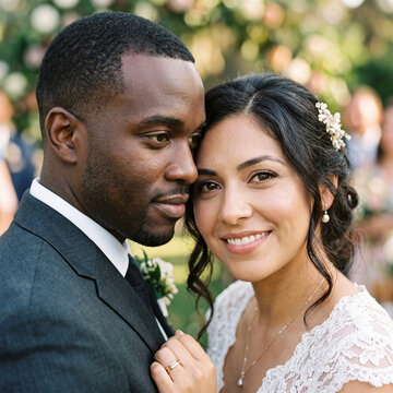 Intimate close-up portrait of a smiling bride and groom standing together