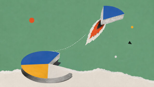 Pie chart segment launching away from the whole on rocket flames. Market share, data growth and business analytics