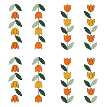 Seamless tulip pattern with minimalist floral border design on white, set of autumn leaves,