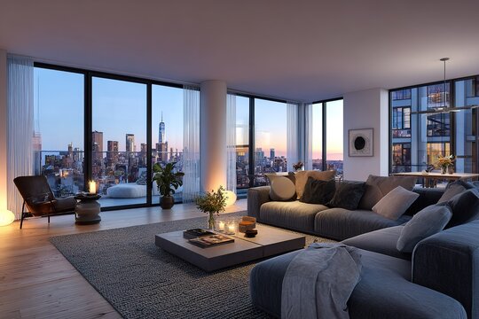 Modern luxury penthouse living room with city skyline view at dusk