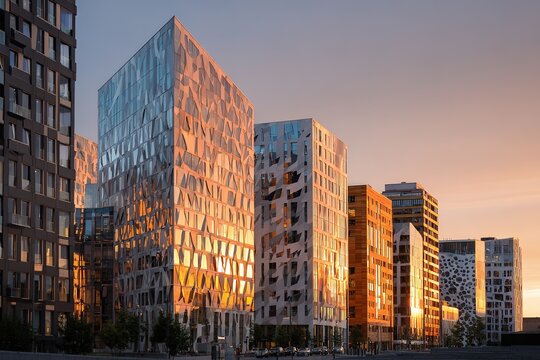 Modern glass skyscrapers reflect warm golden sunset light