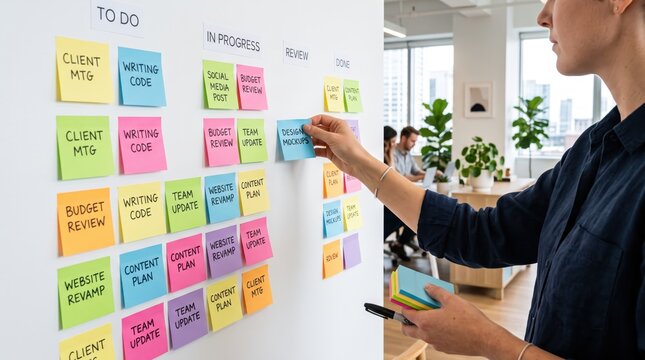 Business team managing agile project workflow on whiteboard with colorful sticky notes, organizing tasks in columns for to do, in progress, review, and done stages to improve