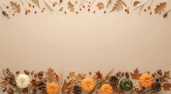 Rustic top and bottom borders featuring orange pumpkins pinecones dry oak leaves and berries for thanksgiving invitation