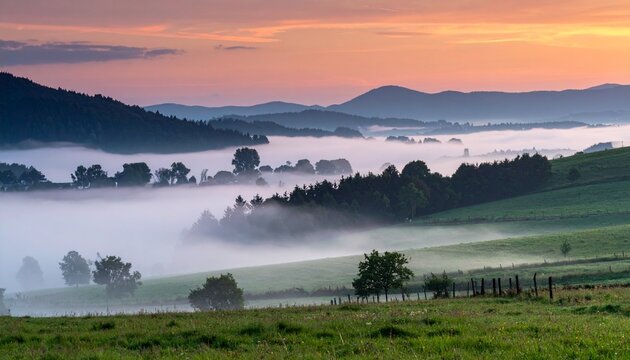 Misty morning sunrise over rolling hills and a small village, creating a serene and picturesque landscape