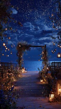 Romantic beach wedding setup with lanterns under a starry night sky