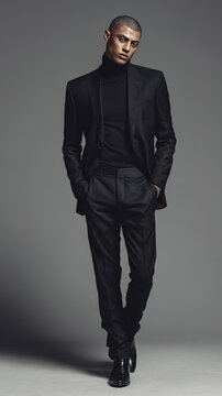Confident young man in elegant black suit and turtleneck in studio