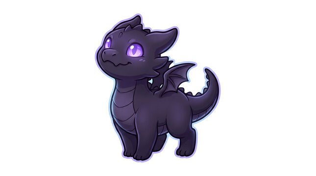 Cute purple baby dragon illustration, adorable fantasy creature with glowing eyes, charming mythical beast character on white background