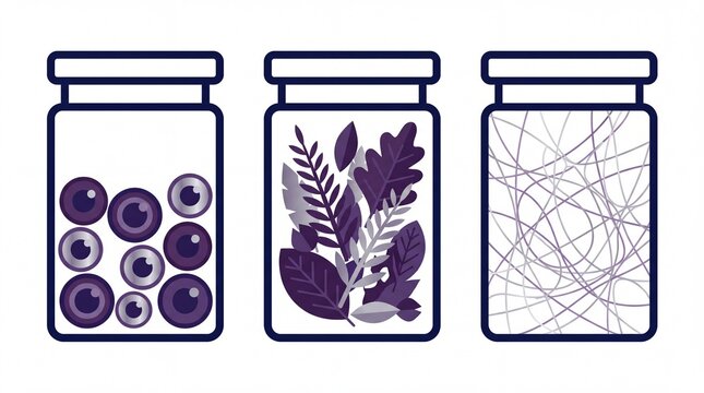 Flat vector illustration of apothecary jars containing eyes herbs and spider silk for potions