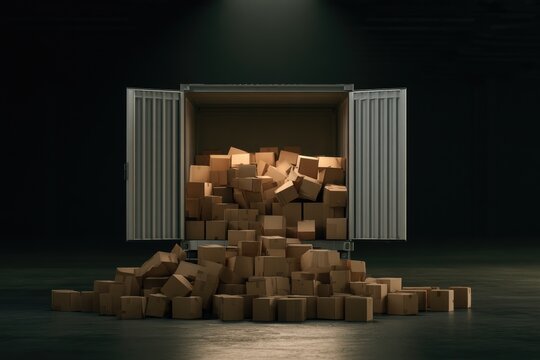 Shipping Container Overflowing with Cardboard Boxes.