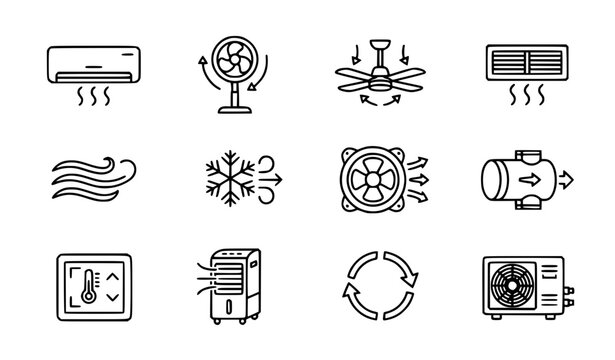 Cold Air Flow and Ventilation Line Icons with Cooling Equipment