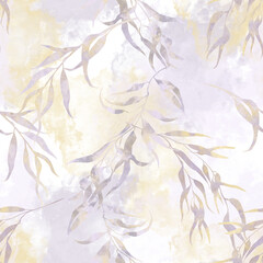 Seamless pattern with willow branches and watercolor yellow spots on lilac © Ольга Кухта
