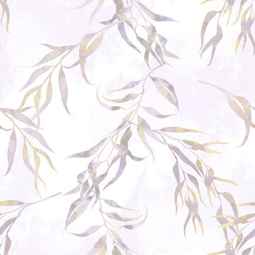 Seamless pattern with lilac and yellow willow branches on light background