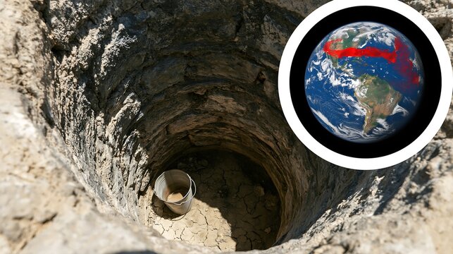 Metal bucket sits inside a dried-up well with cracked earth and El Nino climate graphic, representing groundwater depletion, water scarcity and extreme drought