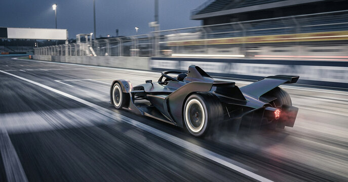 A sleek racing car accelerates on a wet track, showcasing powerful design and dynamic movement. The scene captures speed and energy in a competitive atmosphere.