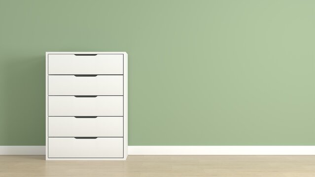 White dresser chest of drawers against green wall with copy space - 3D render
