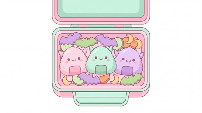 Pastel bento box illustration filled with cute monster rice balls and bat shapes for a spooky lunch