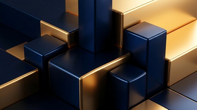 Geometric forms composed of dark blue and golden rectangular prisms create a complex three dimensional arrangement geometry
