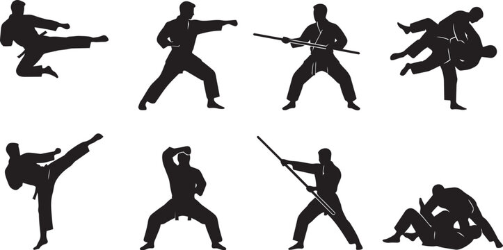 Martial arts silhouettes collection showing various combat techniques like karate kicking punching grappling and staff fighting in high contrast black white