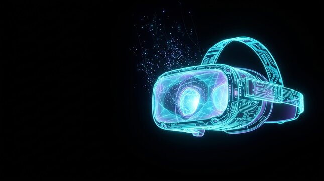 Futuristic VR headset with glowing neon wireframe, digital virtual reality goggles in cyan light, high-tech metaverse hardware on black background
