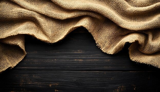 Natural Fiber Fabric Background with Black Wooden Boards