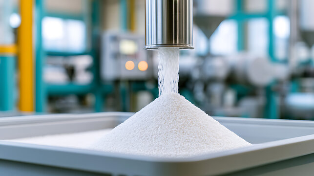 Industrial manufacturing plant process showing white crystalline powder pour from metal pipe into container inside modern production facility