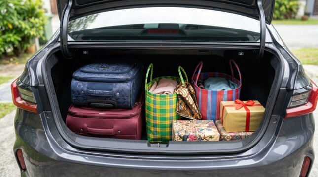 Packed Car Trunk With Luggage and Gifts Ready for Travel